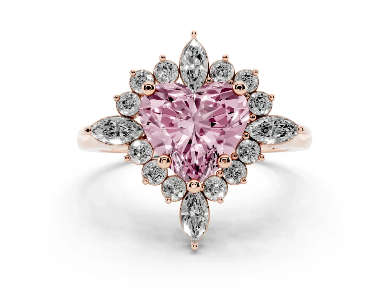 Fancy Pink Heart Cut Diamond Cluster Halo Ring Set in Rose gold with Marquise and Round Accents