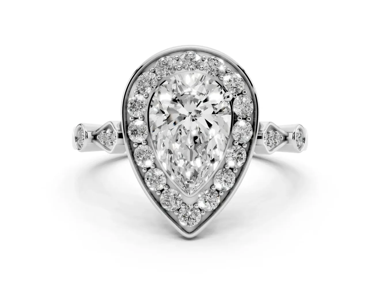 Pear Cut Diamond Halo Engagement Ring Set in Platinum with Twisted Band and Prong Setting