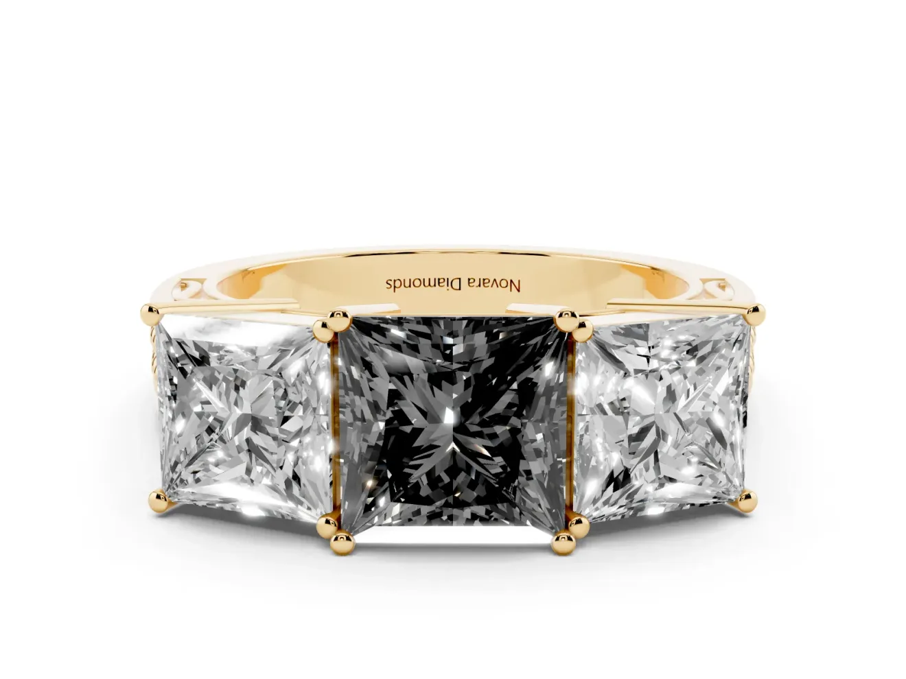 Princess Cut Three Stone Engagement Ring Setting for a Black Center | Beaded Shoulders | Yellow Gold