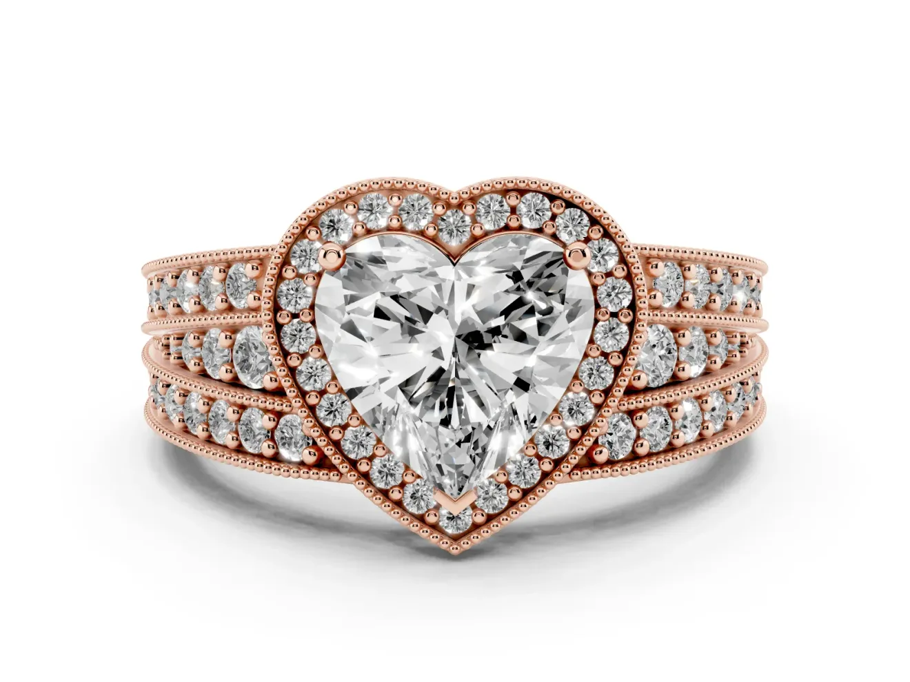 Heart Cut Diamond Halo Ring Set in Rose gold with Accent Split Shank and Prong Setting