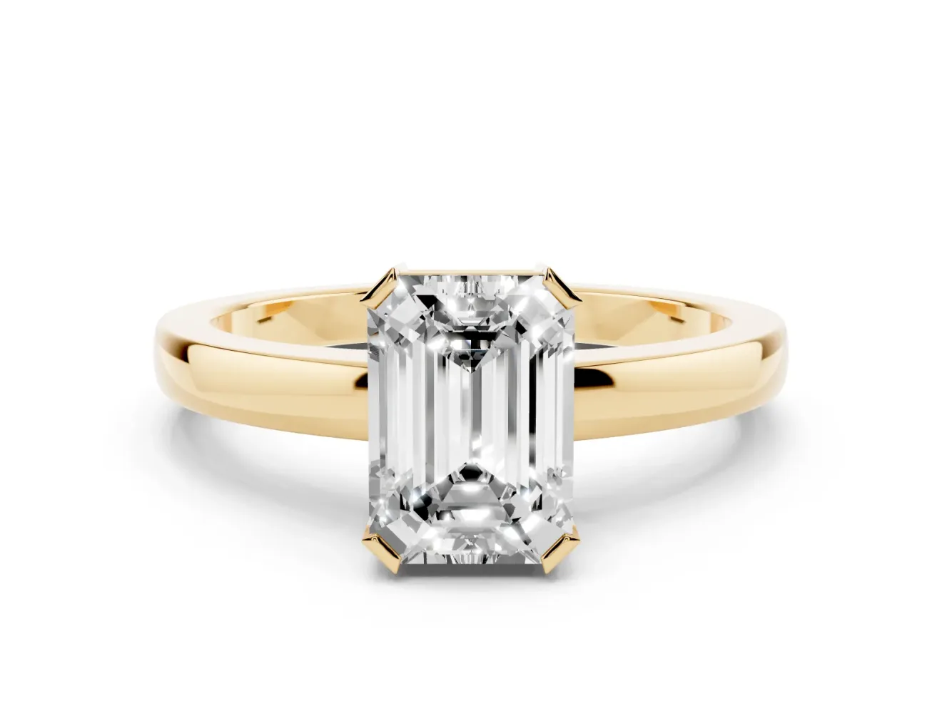 Emerald Cut Diamond Solitaire Ring Set in Yellow gold with Prong Head and Smooth Polished Band
