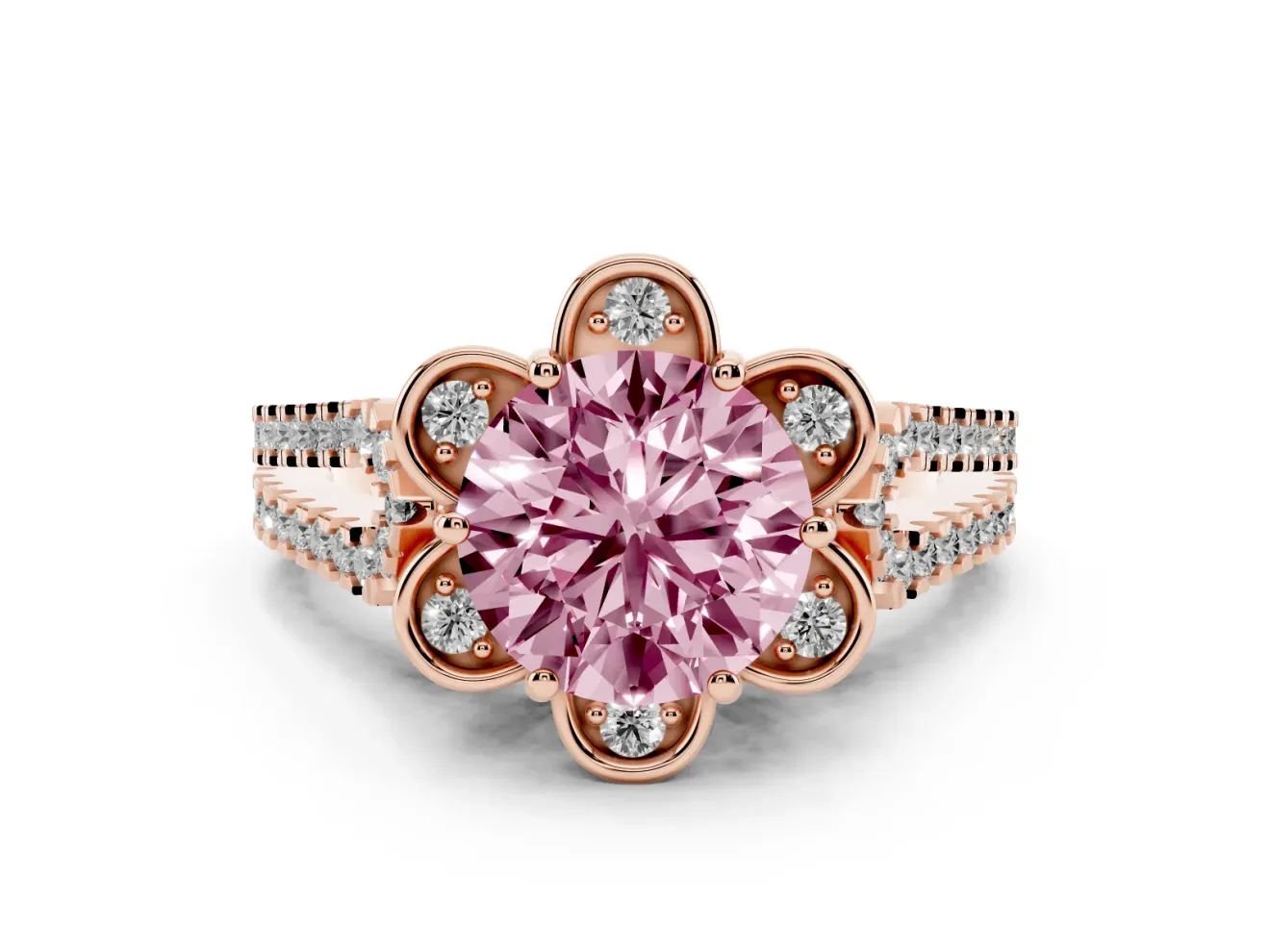 Round Petal Frame Floral Halo Engagement Ring Setting for a Fancy Pink Lab-Grown Diamond | Pavé Split Shank | Rose Gold