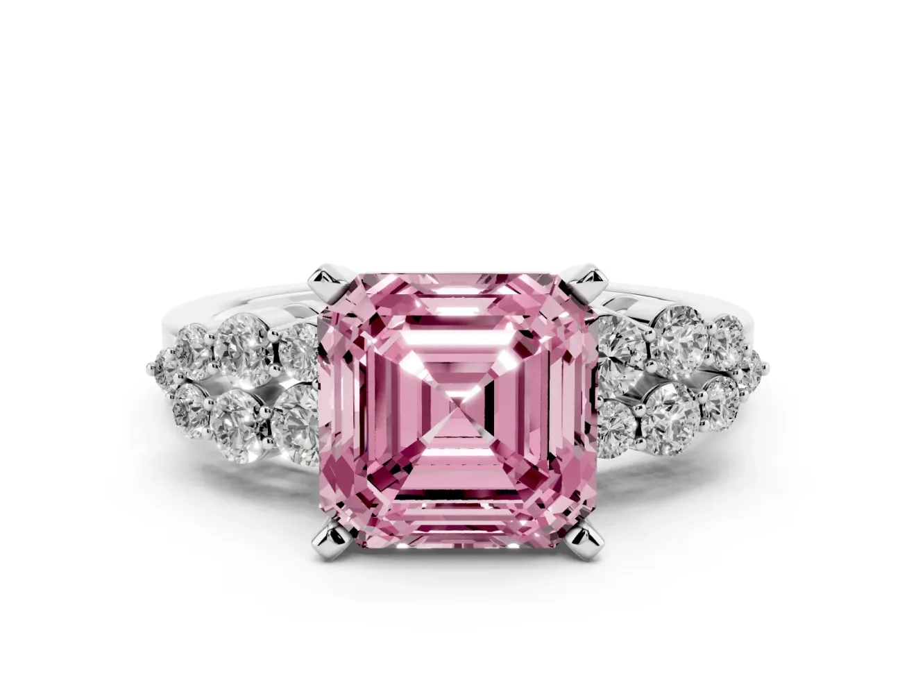 Asscher Cut Side Stone Engagement Ring Setting for a Fancy Pink Lab-Grown Diamond | Shoulder Clusters | Sterling Silver