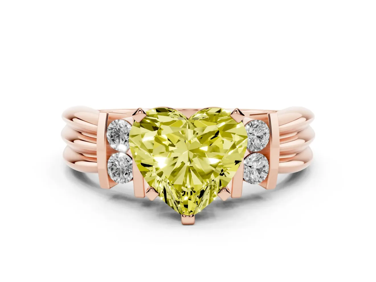 Fancy Yellow Three-Stone Heart Cut Diamond Channel Set Ring Set in Rose gold with Bar Prongs