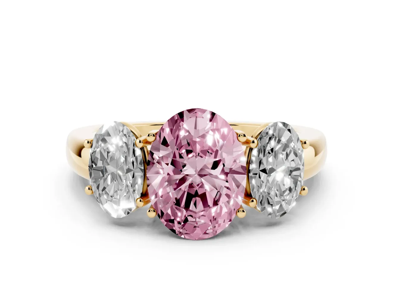 Fancy Pink Oval Cut Diamond Three-Stone Ring Set in Yellow gold with Bold Center and Classic Band