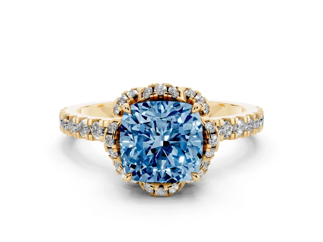 Fancy Blue Cushion Cut Diamond Halo Pavé Band Ring Set in Yellow gold with Prong-Held Center