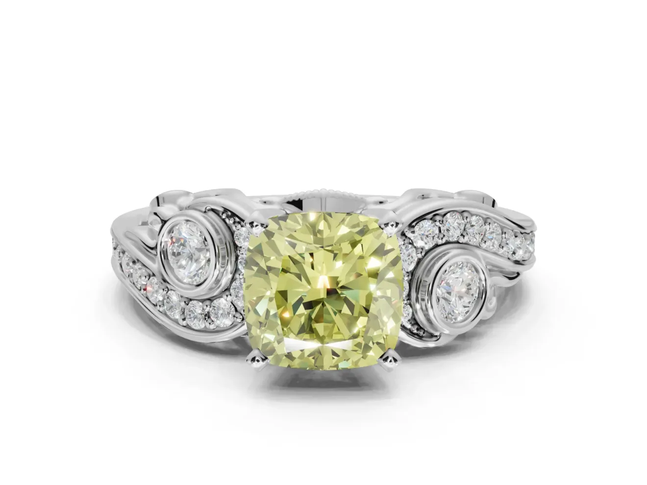 Cushion Cut Swirl Engagement Ring Setting for a Fancy Yellow Lab-Grown Diamond | Platinum