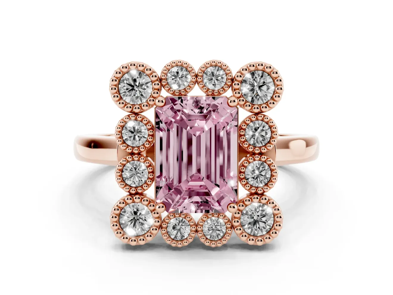 Emerald Cut Milgrain Cluster Halo Engagement Ring Setting for a Fancy Pink Lab-Grown Diamond | Plain Band | Rose Gold