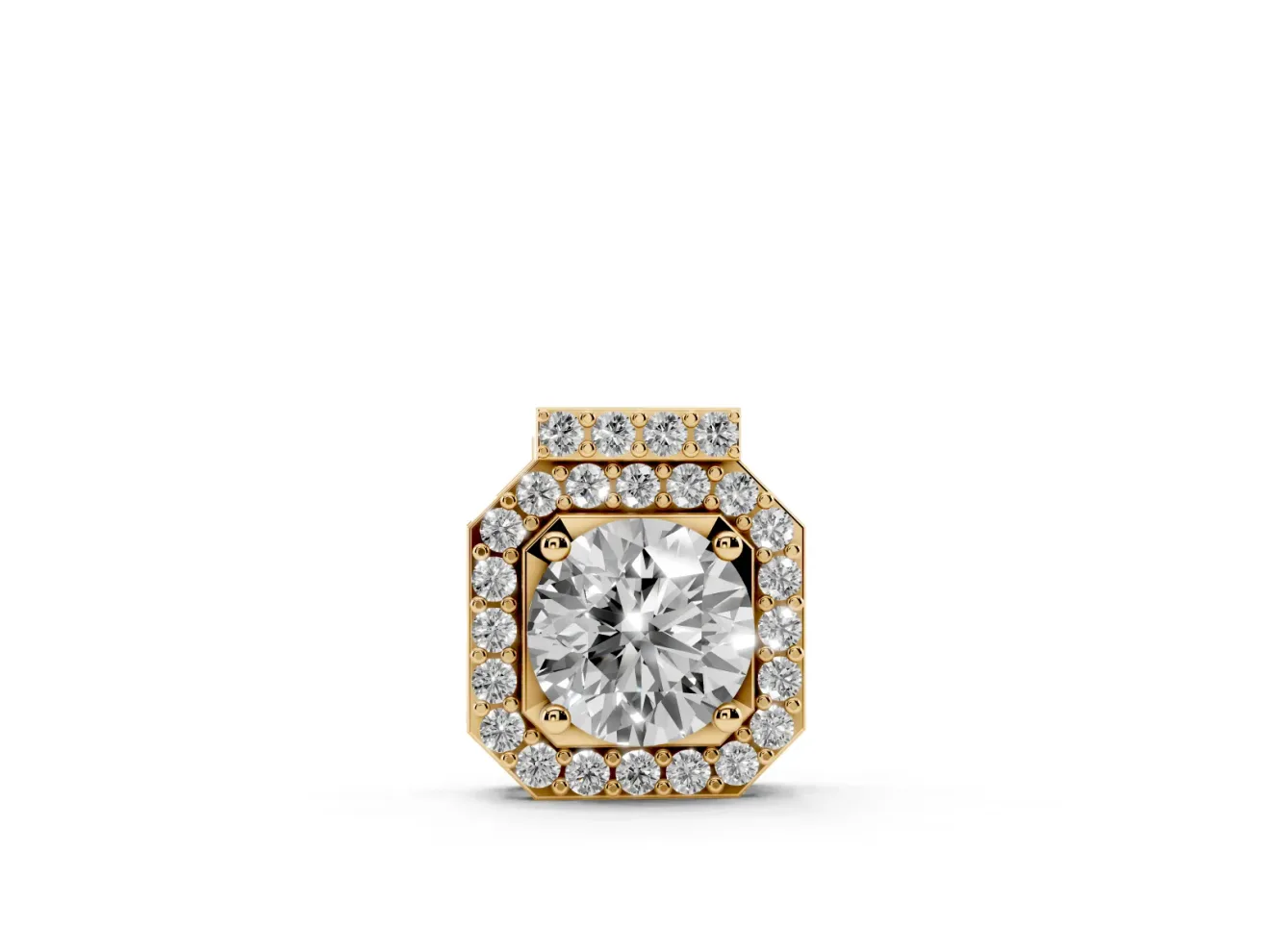 Round Lab-Grown Diamond Octagonal Halo Pendant Necklace | Pavé Bar Bail | Yellow Gold