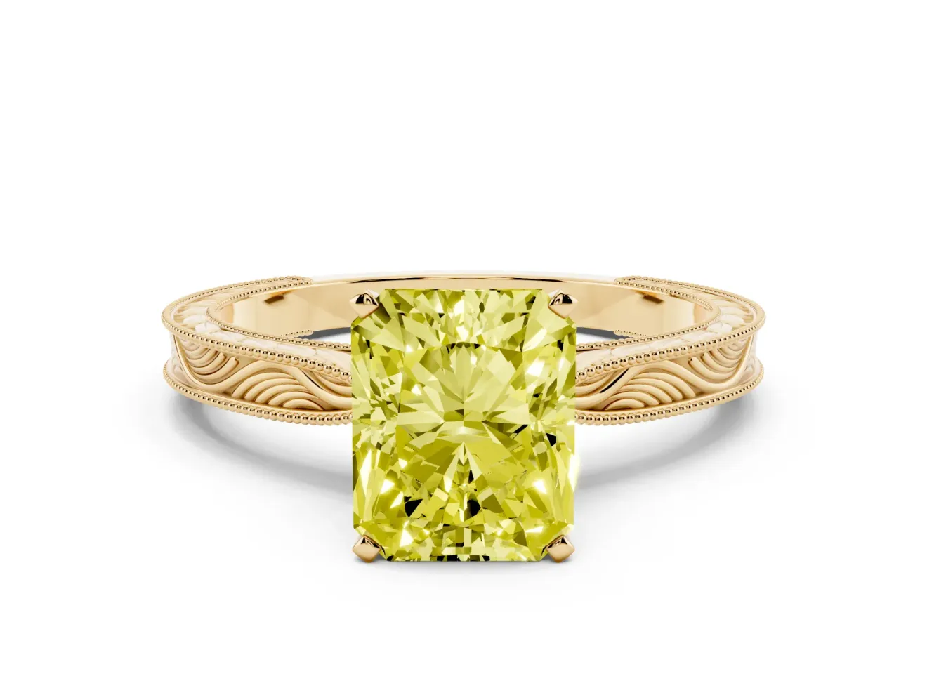 Radiant Cut Engraved Engagement Ring Setting for a Fancy Yellow Lab-Grown Diamond | Yellow Gold