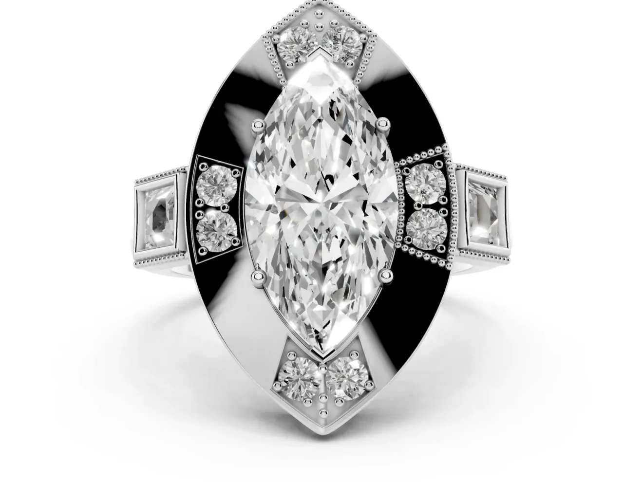 Marquise Cut Diamond Milgrain Halo Ring Set in Platinum with Split Shank