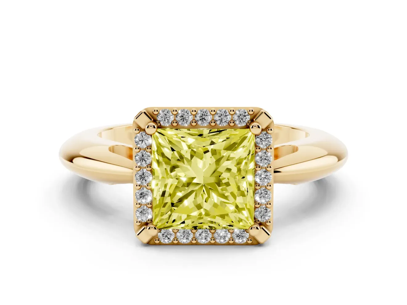Fancy Yellow Princess Cut Diamond Halo Engagement Ring Set in Yellow gold with Plain Split Shank and Prong Setting