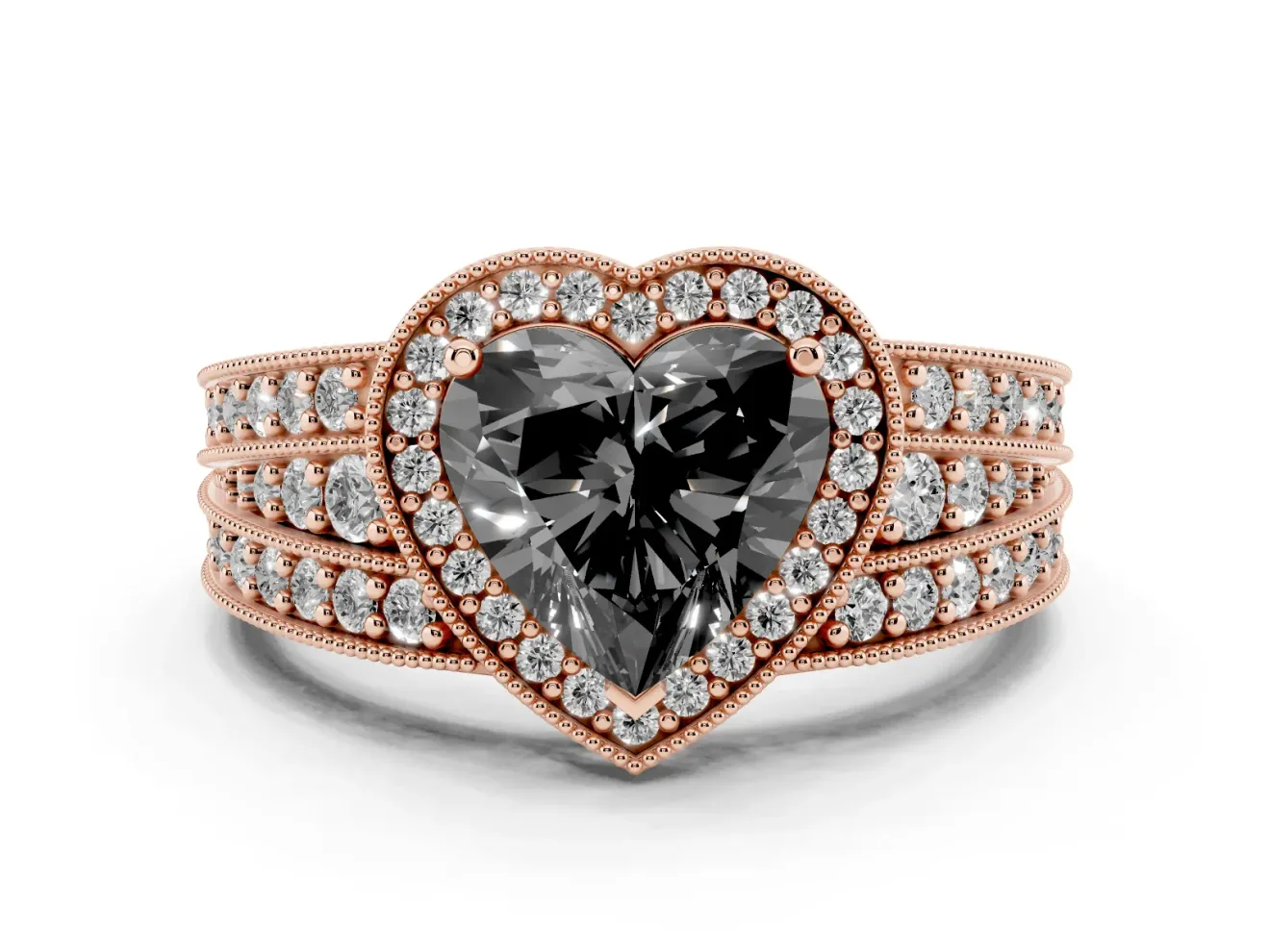 Fancy Black Heart Cut Diamond Halo Ring Set in Rose gold with Accent Split Shank and Prong Setting