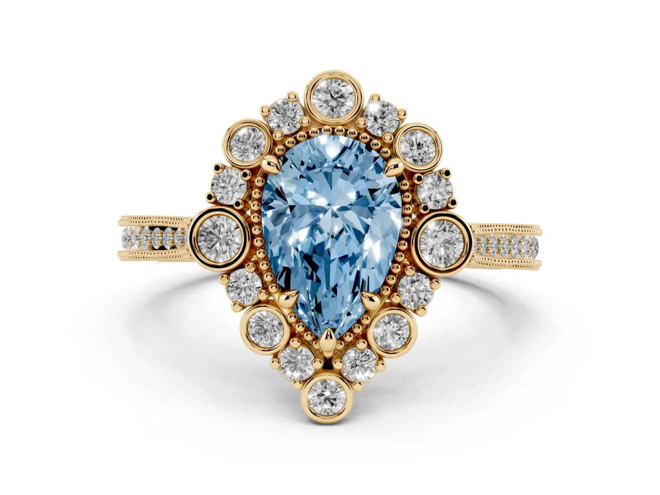 Fancy Blue Pear Cut Diamond Halo Milgrain Pavé Ring Set in Yellow gold with Prong Setting