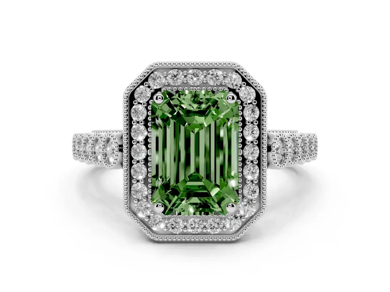 Emerald Cut Graduated Milgrain Halo Engagement Ring Setting for a Fancy Green Lab-Grown Diamond | White Gold