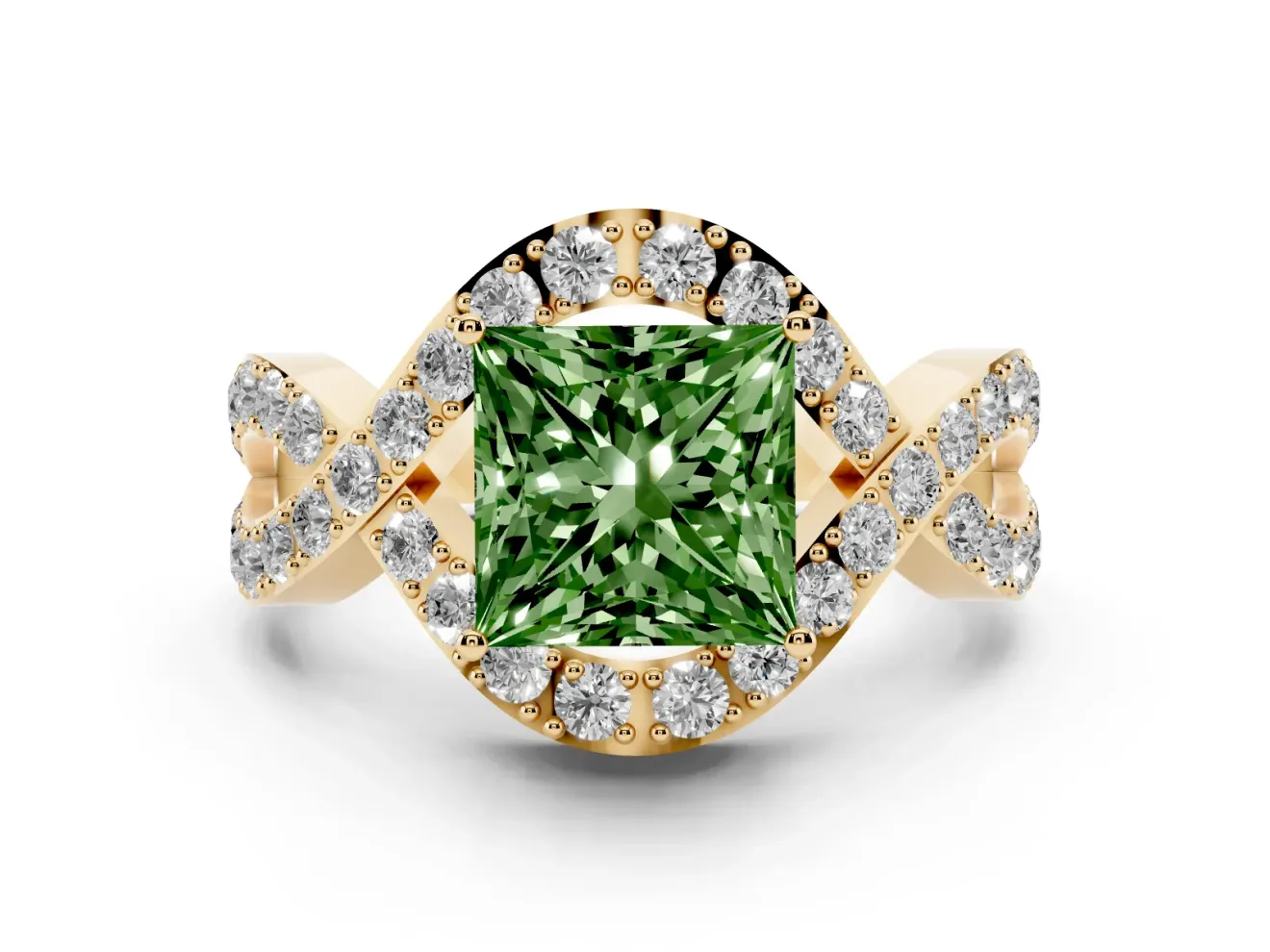 Fancy Green Princess Cut Diamond Solitaire Twist Band Pavé Engagement Ring Set in Yellow gold