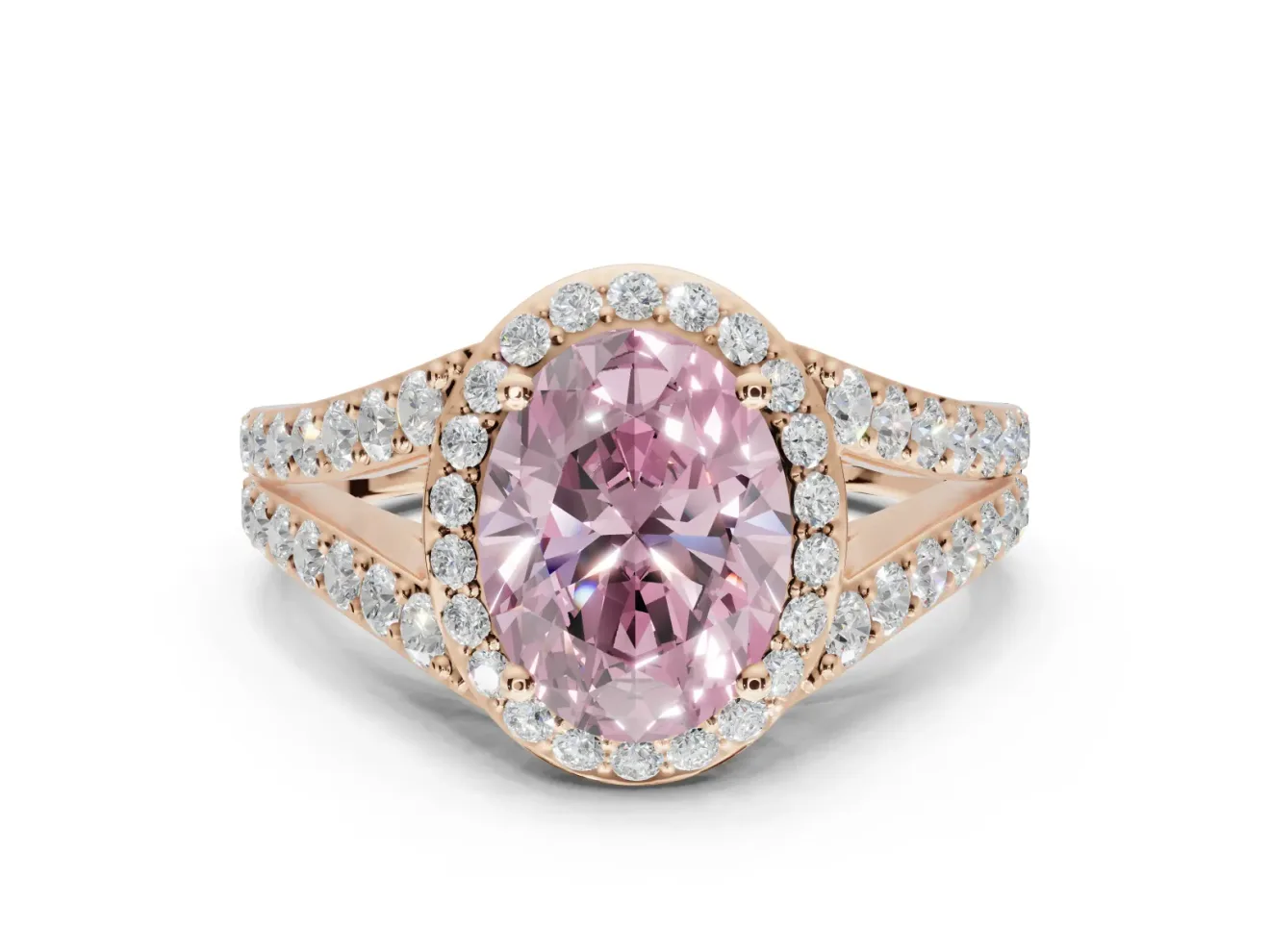 Oval Halo Pavé Engagement Ring Setting for a Fancy Pink Lab-Grown Diamond | Narrow Split Shank | Rose Gold