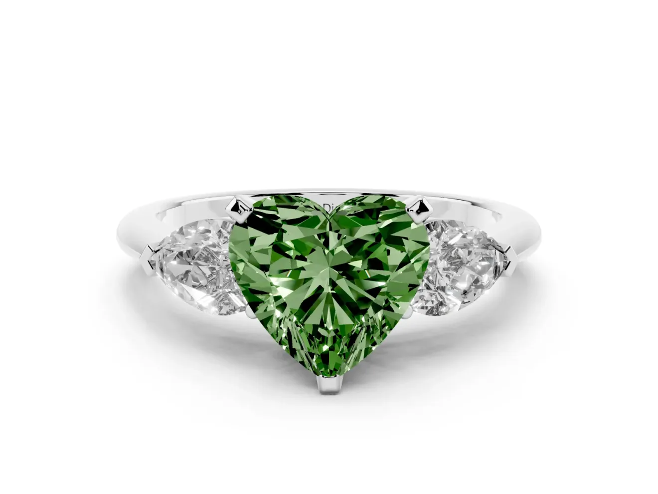 Fancy Green Three-Stone Heart Cut Diamond Ring Set in Silver with Pear Side Stones and Prong Setting