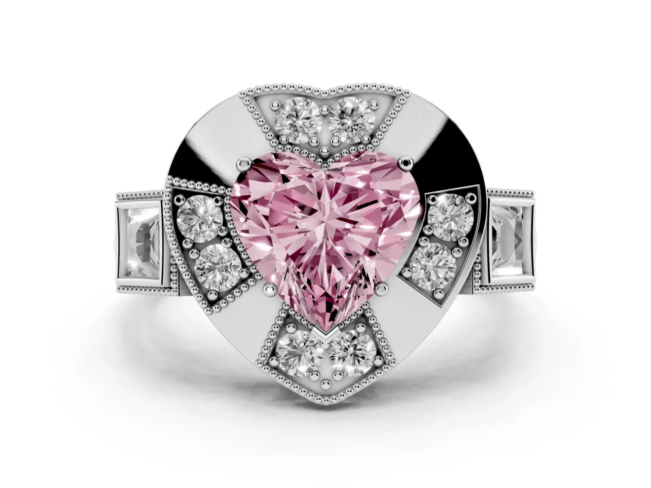 Fancy Pink Heart Cut Diamond Milgrain Halo Ring Set in White gold with Split Shank