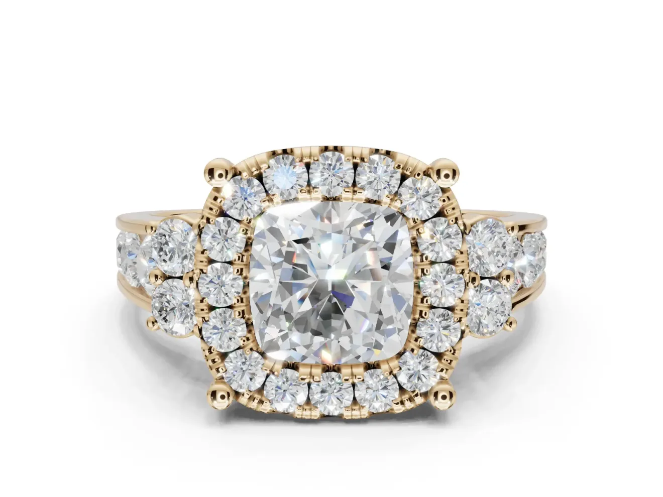 Cushion Cut Halo Side Cluster Engagement Ring Setting | Graduated Channel Band | Yellow Gold