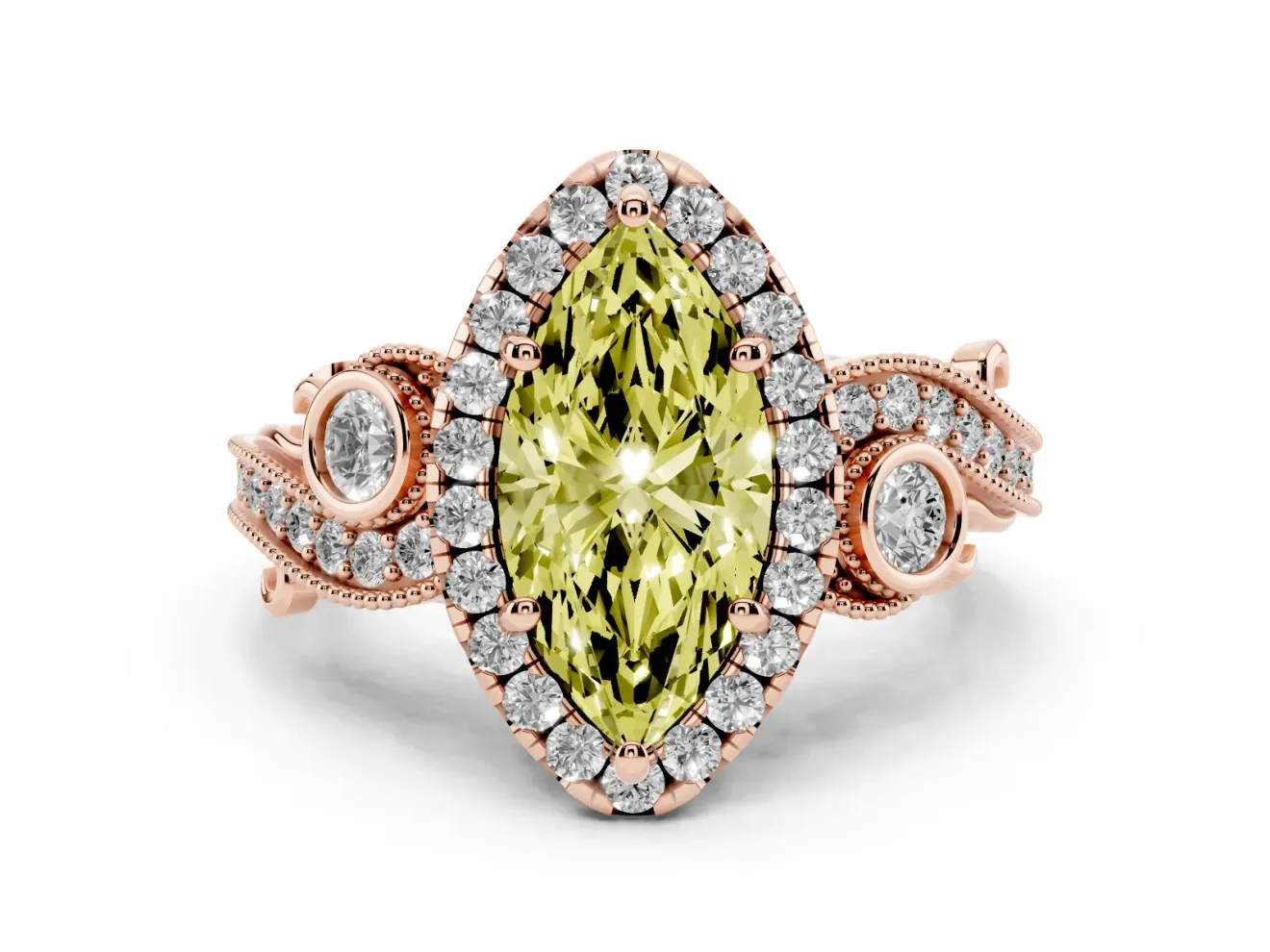 Marquise Vintage Halo Engagement Ring Setting for a Fancy Yellow Lab-Grown Diamond | Bezel Shoulder Accents | Rose Gold