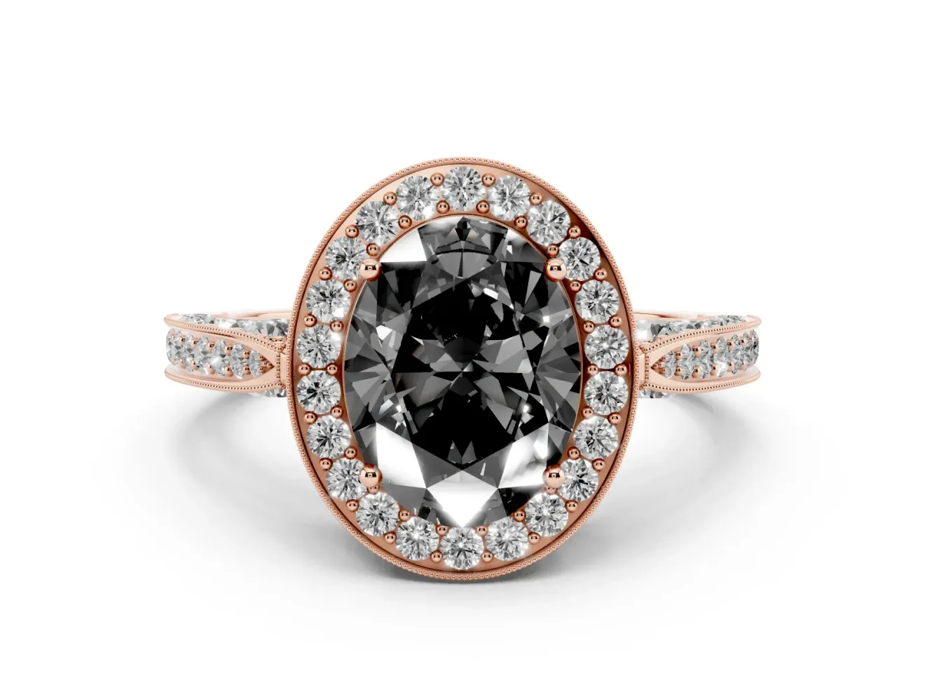 Oval Milgrain Halo Engagement Ring Setting for a Black Center | Side Stones | Rose Gold