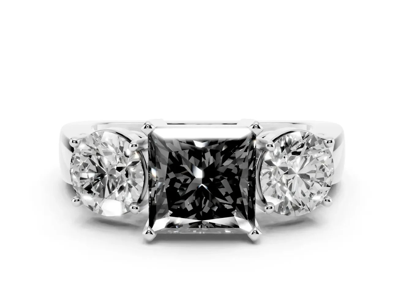Princess Cut Three Stone Engagement Ring Setting for a Black Center | Round Side Stones | Sterling Silver