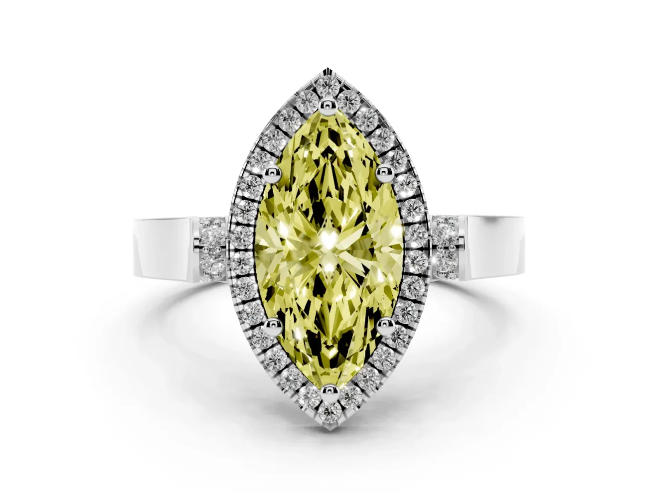 Fancy Yellow Marquise Cut Diamond Halo Ring Set in Platinum with Pavé-Lined Split Shank Band