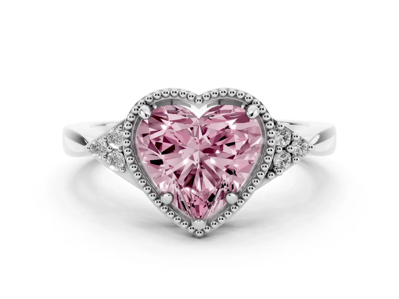 Fancy Pink Heart Cut Diamond Milgrain Solitaire Ring Set in Silver with Tapered Pavé Band and Prong Setting
