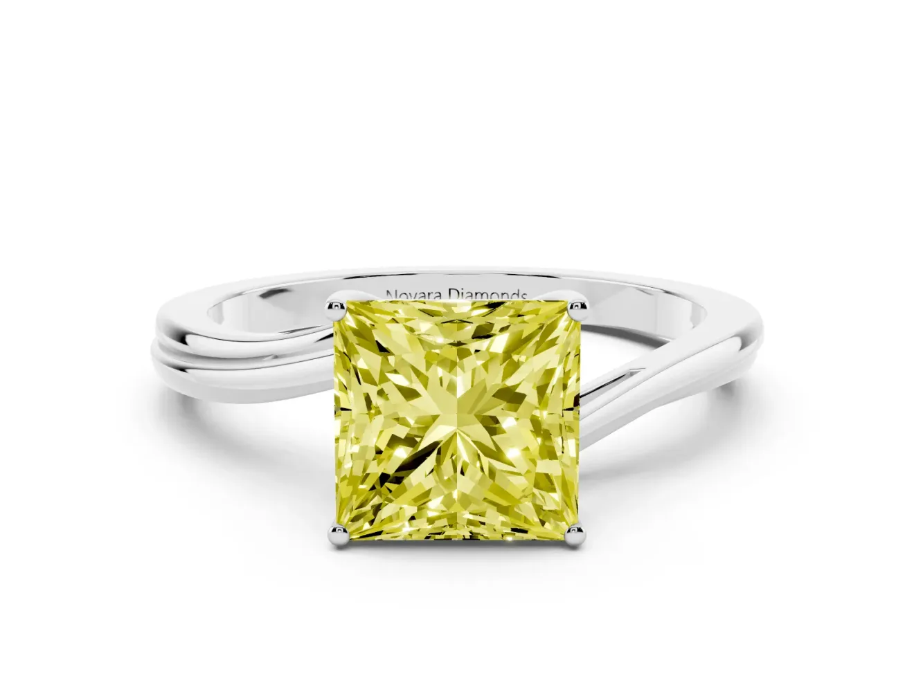 Fancy Yellow Princess Cut Diamond Solitaire Twist Band Ring Set in Platinum with Prong Setting