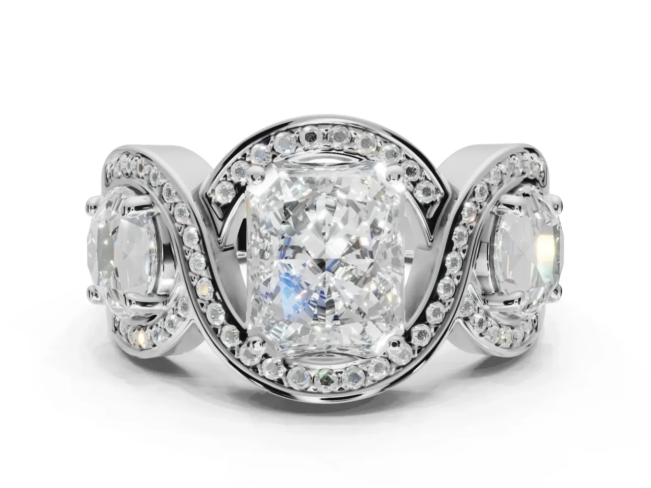 Radiant Cut Three Stone Halo Engagement Ring Setting | Pavé Wave Band | Platinum