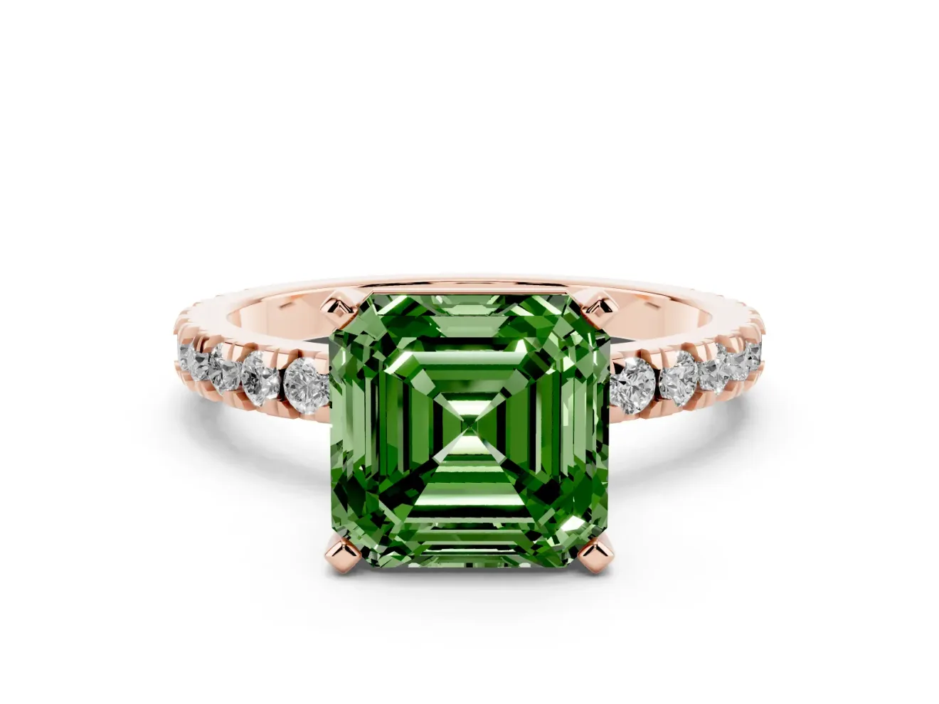 Fancy Green Asscher Cut Diamond Pavé Band Solitaire Set in Rose gold with Prong Setting