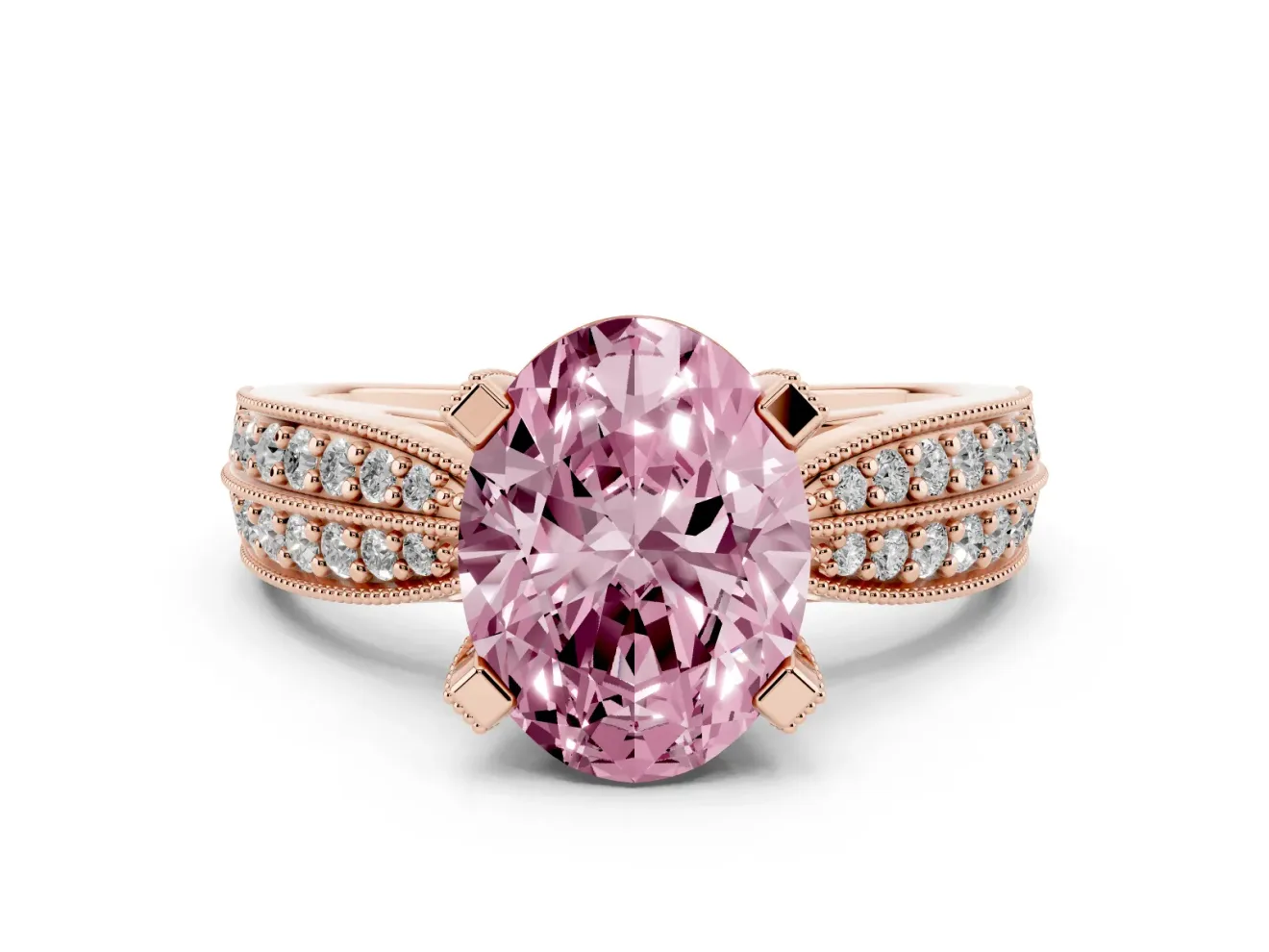 Fancy Pink Oval Cut Diamond Solitaire Ring Set in Rose gold with Milgrain Double Row Round Pavé Band