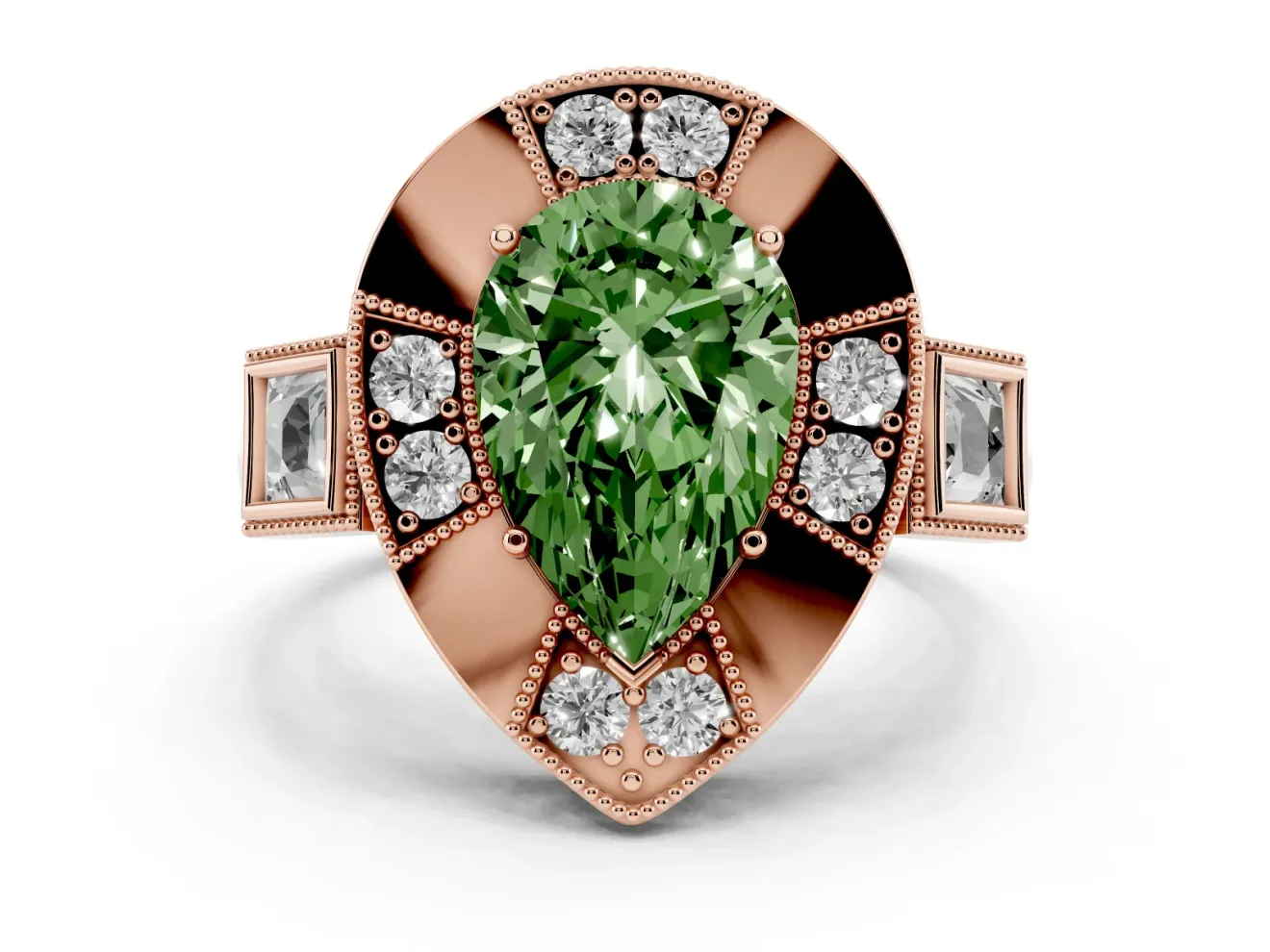 Fancy Green Pear Cut Diamond Milgrain Halo Ring Set in Rose gold with Split Shank