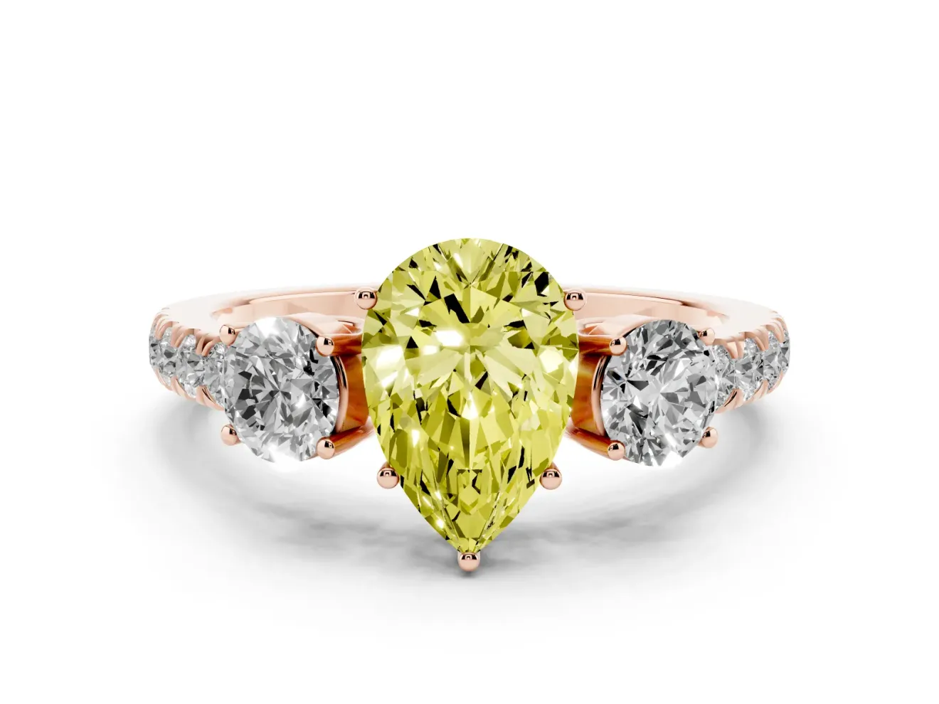 Pear-Shaped Engagement Ring Setting for a Fancy Yellow Lab-Grown Diamond | Three Stone | Rose Gold
