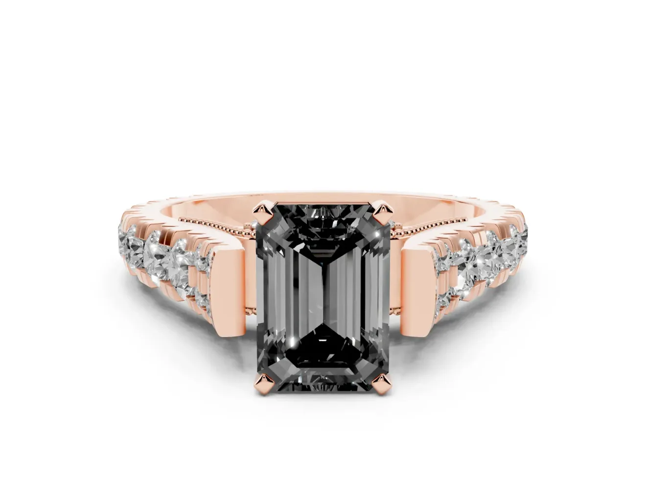 Emerald Cut Graduated Cathedral Engagement Ring Setting for a Black Center | Side Stones | Rose Gold