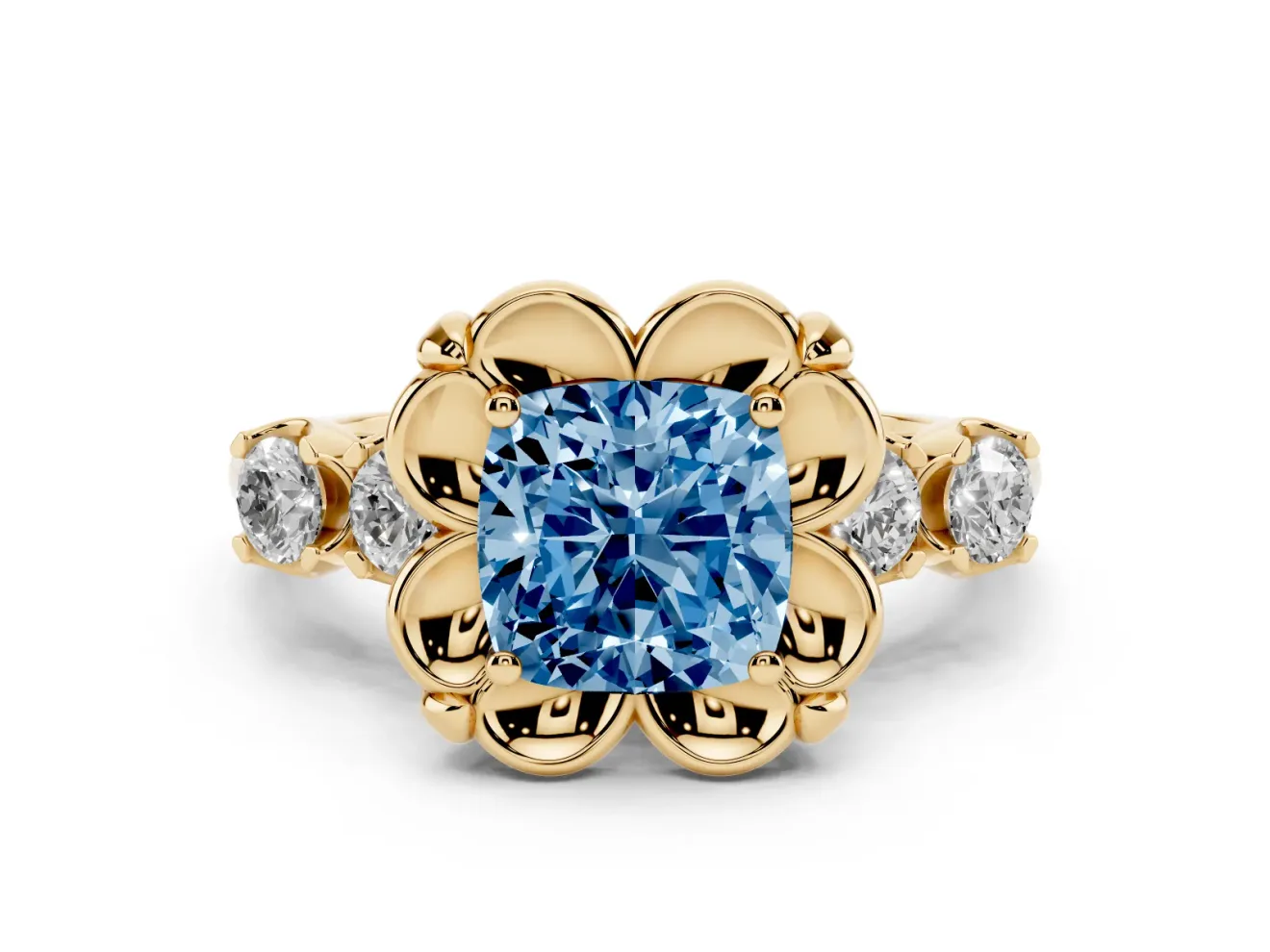 Cushion Cut Floral Engagement Ring Setting for a Fancy Blue Lab-Grown Diamond | Petal Frame | Yellow Gold
