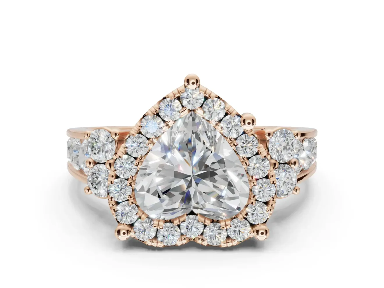 Heart-Shaped Halo Side Cluster Engagement Ring Setting | Graduated Channel Band | Rose Gold