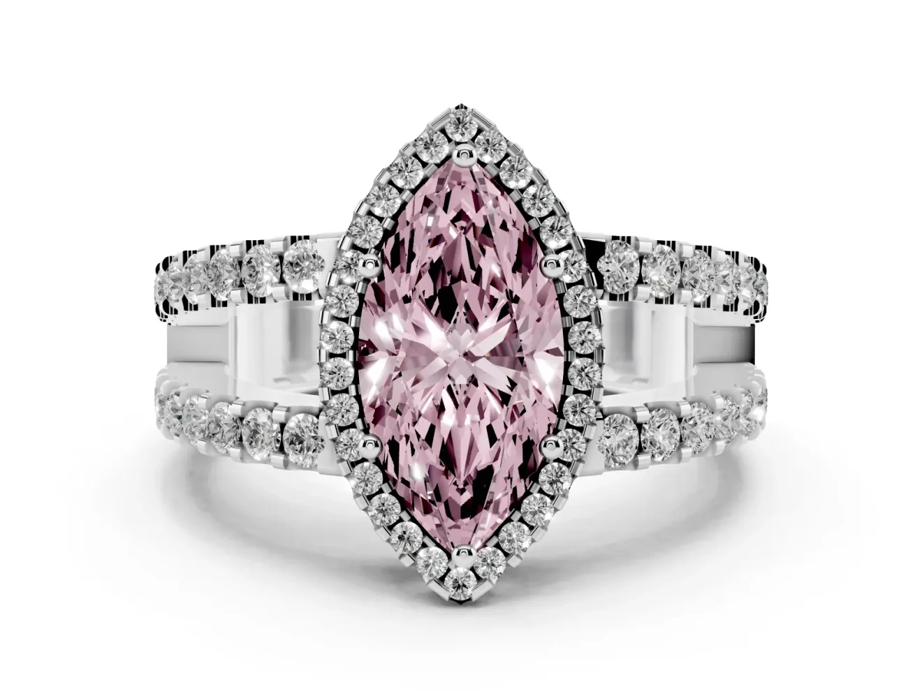 Fancy Pink Marquise Cut Diamond Halo Ring Set in Silver with Pavé Split Shank and Prong Setting