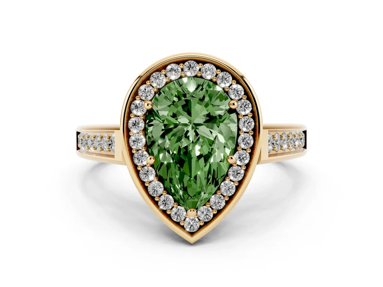 Fancy Green Pear Cut Diamond Halo Solitaire Ring Set in Yellow gold with Pavé Band and Bezel Setting