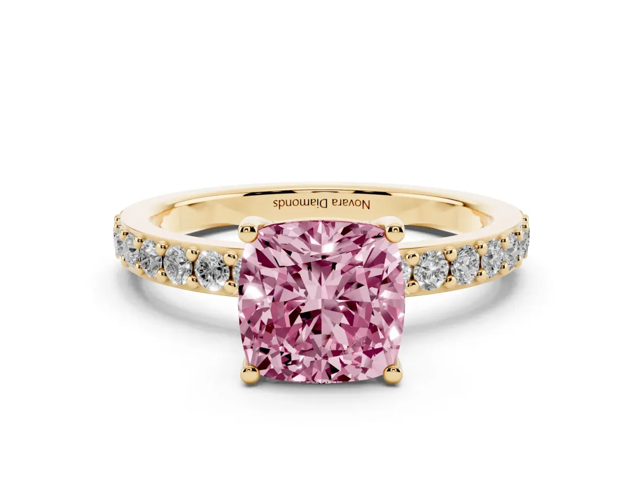 Fancy Pink Cushion Cut Diamond Solitaire Set in Yellow gold with Round Pavé Band and Prong Setting