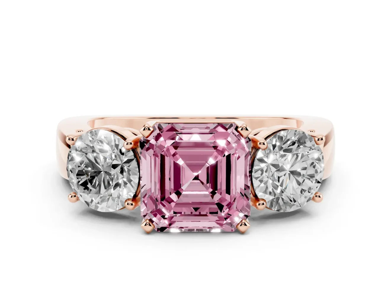 Asscher Cut Three Stone Engagement Ring Setting for a Fancy Pink Lab-Grown Diamond | Wide Plain Band | Rose Gold