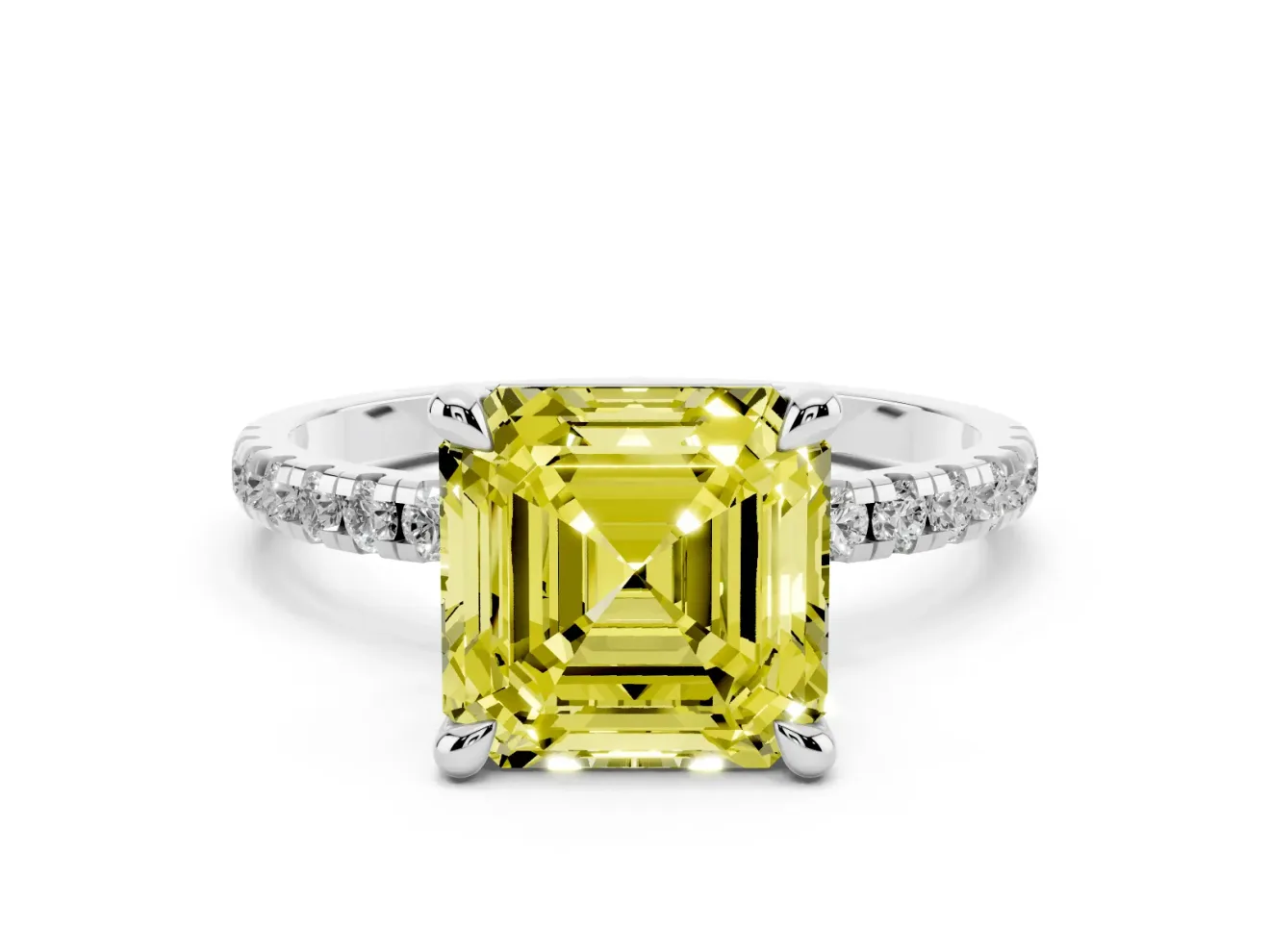 Fancy Yellow Asscher Cut Diamond Brilliant Solitaire Ring Set in Silver with Pavé Band and Prong Setting
