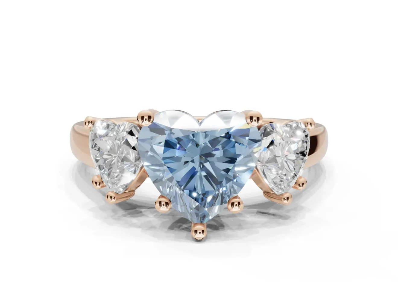 Heart-Shaped Three Stone Engagement Ring Setting for a Fancy Blue Lab-Grown Diamond | Wide Tapered Shoulders | Rose Gold