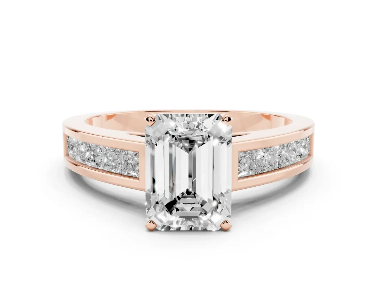 Emerald Cut Channel Set Engagement Ring Setting | Princess Cut Accents | Rose Gold
