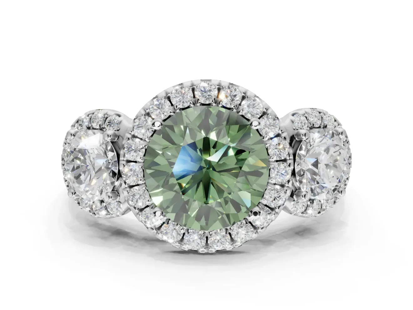 Round Three Stone Halo Engagement Ring Setting for a Fancy Green Lab-Grown Diamond | Platinum
