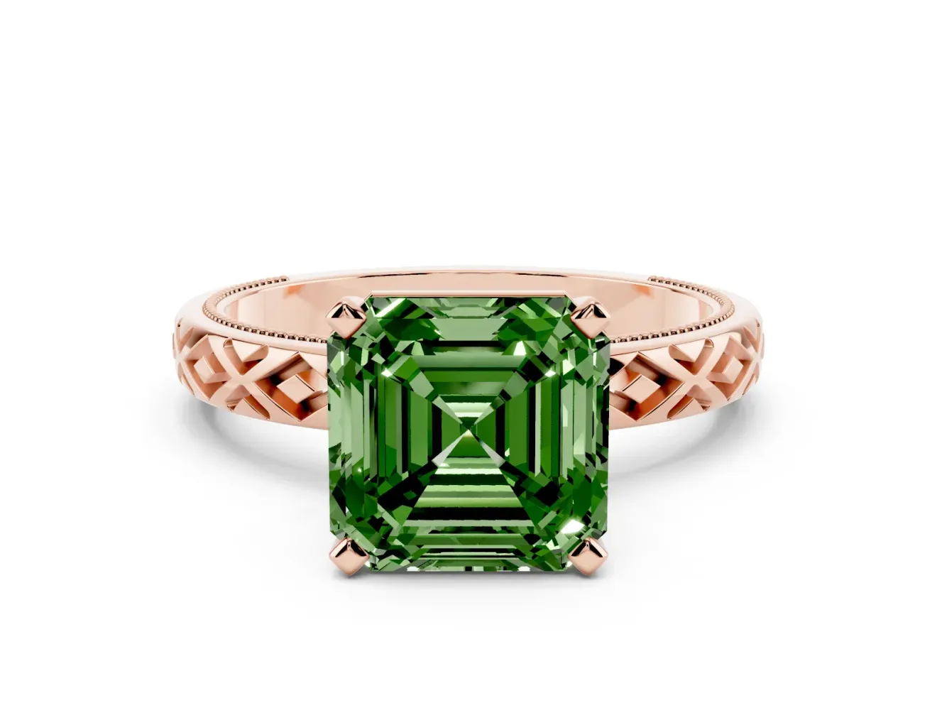 Fancy Green Asscher Cut Diamond Solitaire Ring Set in Rose gold with Milgrain and Black Enamel X Pattern Band