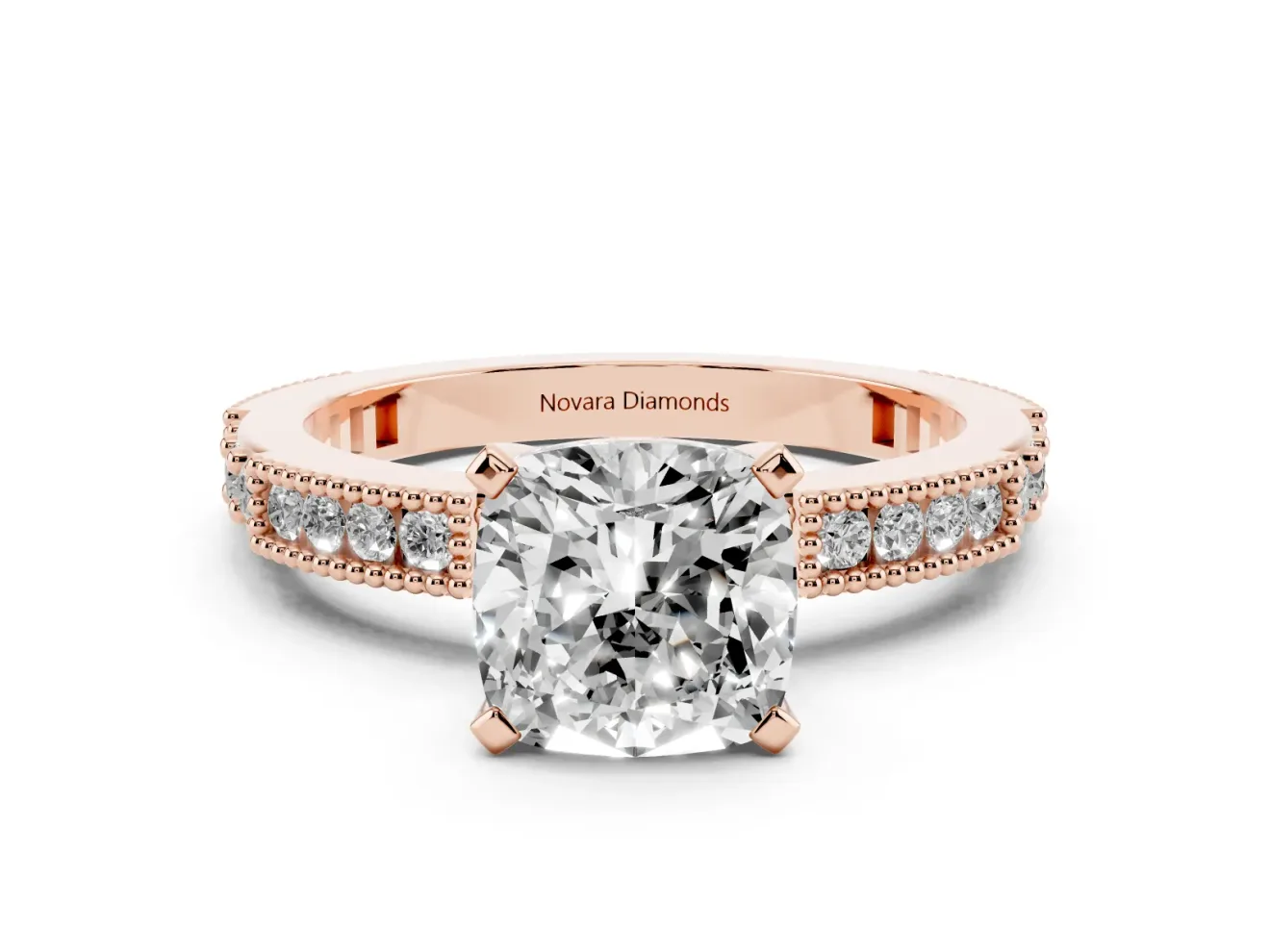Cushion Cut Diamond Solitaire Ring Set in Rose gold with Slim Pavé Band and Prong Setting