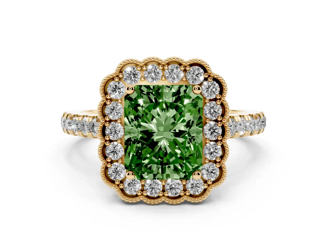 Radiant Cut Milgrain Floral Halo Engagement Ring Setting for a Fancy Green Lab-Grown Diamond | Pavé Band | Yellow Gold