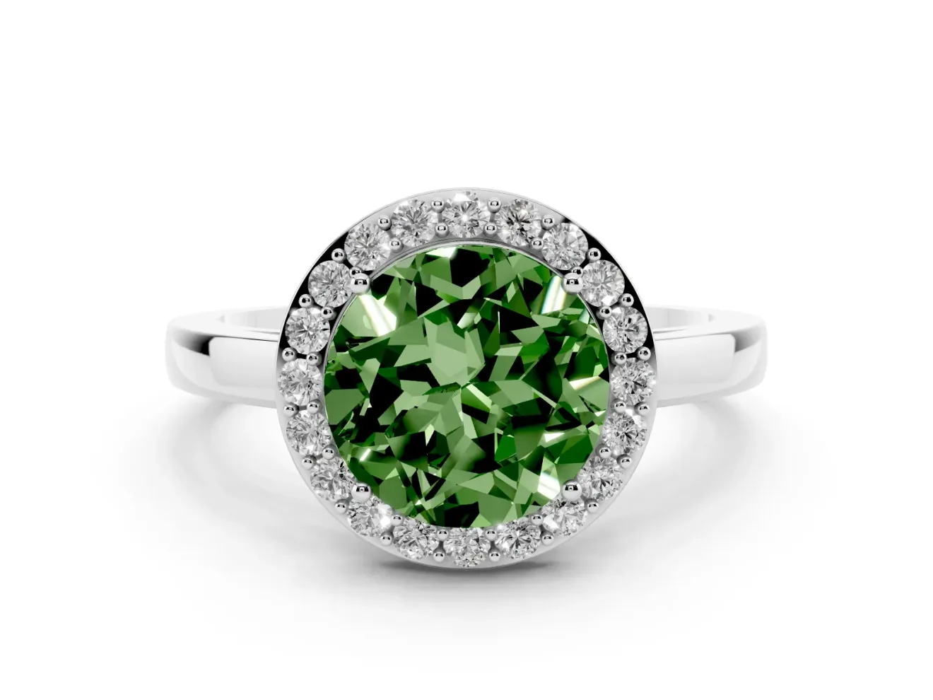 Round Thin Halo Low Profile Engagement Ring Setting for a Fancy Green Lab-Grown Diamond | Slim Plain Band | White Gold